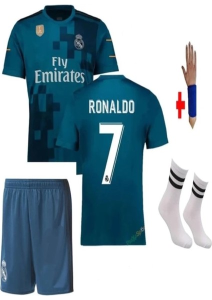 Efsane Cristiano Ronaldo 2018 Turkuaz 4'lü Set Çocuk Alt-Üst Forma Takımı Bileklik Çorap Hediyeli