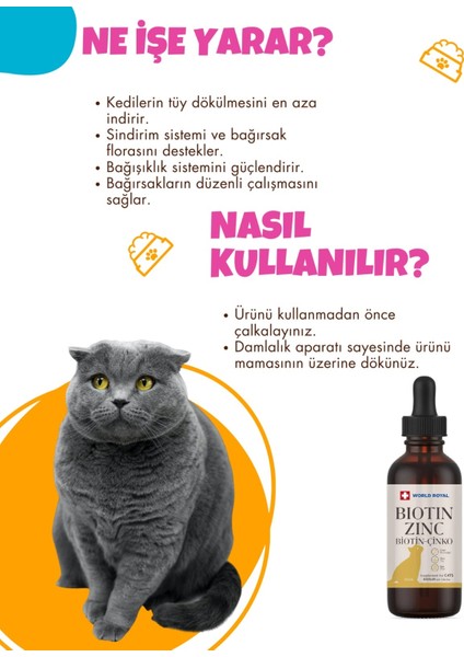 Kediler Için Tüy Dökümü Engelleyici Tüy Sağlığı Damla Biotin-Çinko 100 Ml.