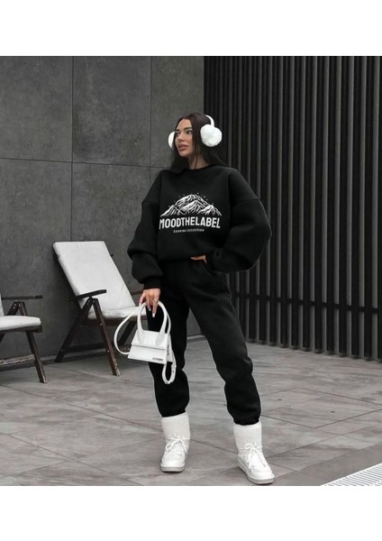 Özel Tasarım Moodthelabel Baskılı Bisiklet Yaka Şardonlu Kışlık Oversize Kadın Eşofman Takımı