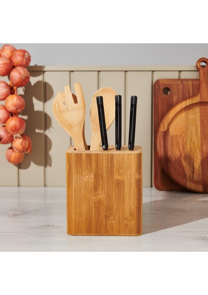 Bambu Çatal Bıçak Kaşık Standı - Kahverengi - 15x17 cm