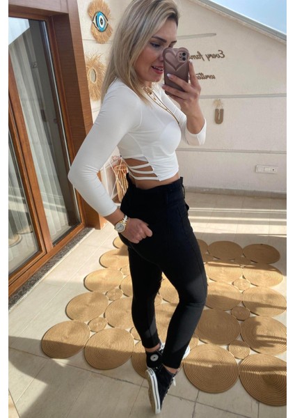 Beyaz Arka Halka Detay Crop Bluz fiyatları