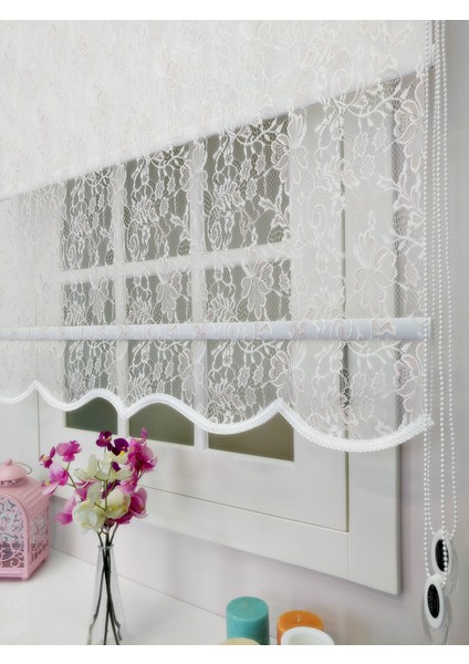 Çiftli Sistem Yeni Beyaz-Toz Pembe Yonca Dantel Series Tül + Stor