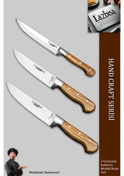 Hand Craft Mutfak Bıçak Seti Et Ekmek Sebze Bıçağı 3 Lü Set Günlük Kullanım ( Mtf-4572 )