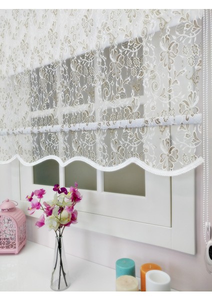 Çiftli Sistem Yeni Beyaz-Bej Yonca Dantel Series Tül + Stor