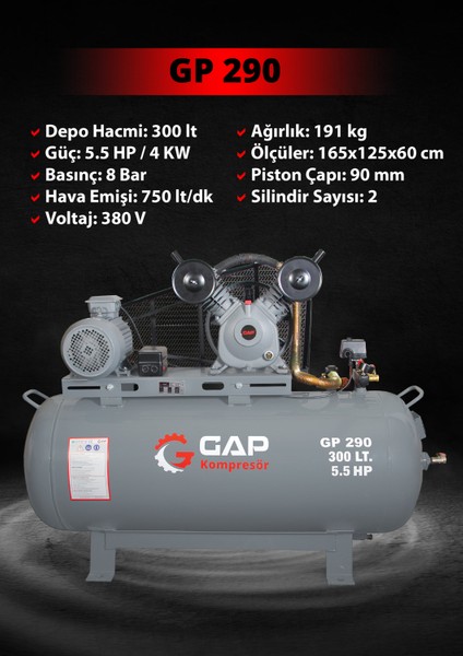 GAP GP 290 | 300 lt 2 Kafa 8 Bar 5.5 HP Pistonlu Hava Kompresörü