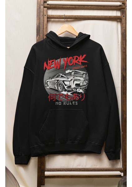 Unisex New York Street Face Baskılı Kapüşonlu Sweatshirt, Oversize Araba Temalı Hoodie