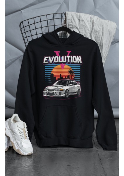 Unisex Evolution V Baskılı Kapüşonlu Sweatshirt, Oversize Yarış Araba Temalı Hoodie