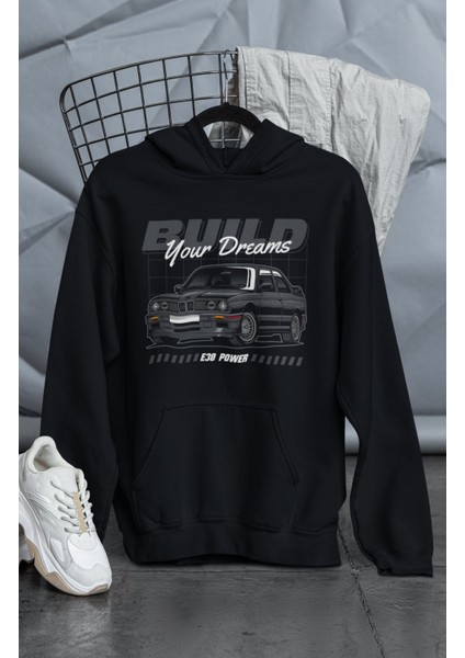 Unisex E30 Power Baskılı Kapüşonlu Sweatshirt, Oversize B M V Araba Temalı Hoodie