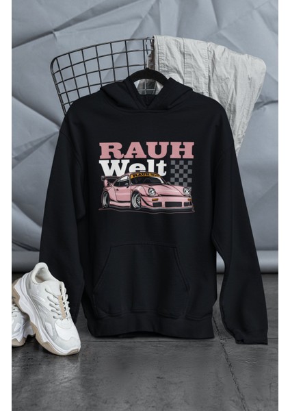 Unisex Rauh Welt Baskılı Kapüşonlu Sweatshirt, Oversize Porsche Araba Temalı Hoodie