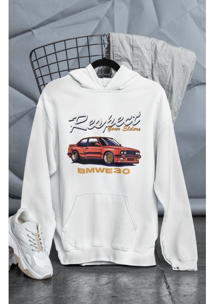 Unisex Respect Your Elders E30 Baskılı Kapüşonlu Sweatshirt, Oversize Araba Temalı Hoodie
