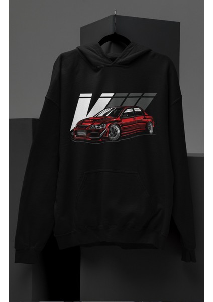 Unisex Vııı Baskılı Kapüşonlu Sweatshirt, Oversize Kırmızı Araba Temalı Hoodie