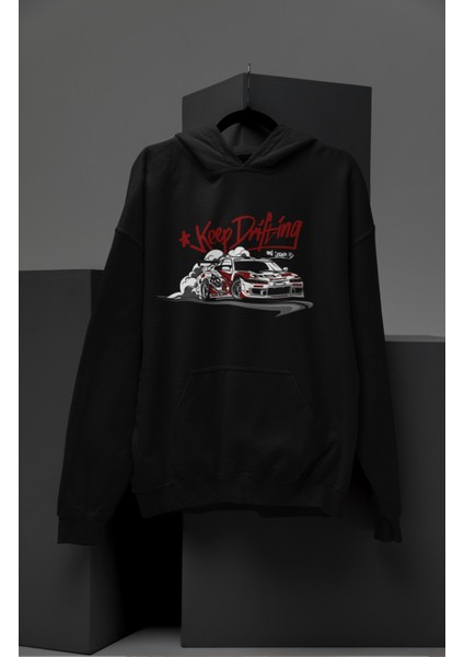 Unisex Keep Drifting Nissan Silvia S15 Baskılı Kapüşonlu Sweatshirt, Oversize Araba Temalı Hoodie