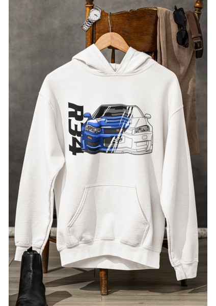 Unisex R34 Baskılı Kapüşonlu Sweatshirt, Oversize Araba Temalı Hoodie