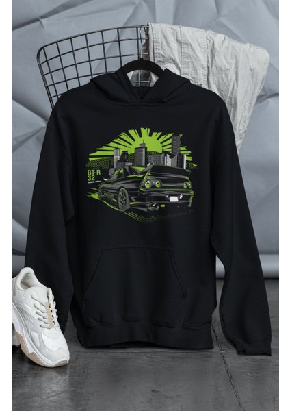 Unisex Gt-R 32 Baskılı Kapüşonlu Sweatshirt, Oversize Yarış Araba Temalı Hoodie