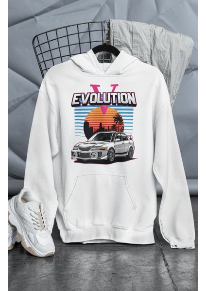 Unisex Evolution V Baskılı Kapüşonlu Sweatshirt, Oversize Yarış Araba Temalı Hoodie