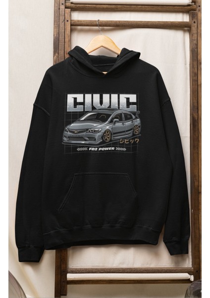 Unisex Civic Fd2 Power Baskılı Kapüşonlu Sweatshirt, Oversize Hondaa Araba Temalı Hoodie