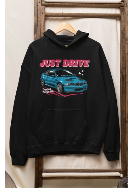 Unisex Just Drive E46 Baskılı Kapüşonlu Sweatshirt, Oversize B M V Araba Temalı Hoodie