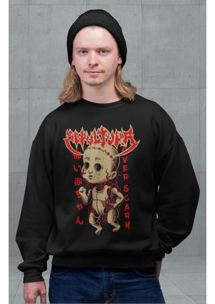 Unisex Sepultra Baskılı Kapüşonsuz Sweatshirt, Oversize Rock Band Baskılı Sweat