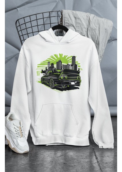 Unisex Gt-R 32 Baskılı Kapüşonlu Sweatshirt, Oversize Yarış Araba Temalı Hoodie