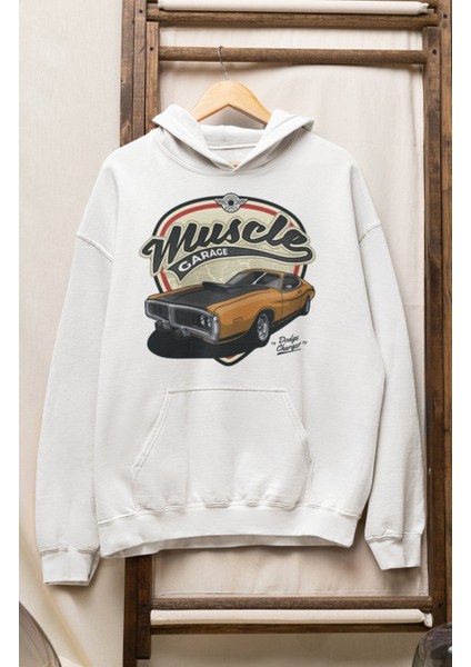 Unisex Muscle Garage Baskılı Kapüşonlu Sweatshirt, Oversize Klasik Araba Temalı Hoodie