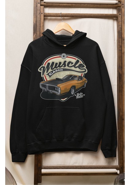 Unisex Muscle Garage Baskılı Kapüşonlu Sweatshirt, Oversize Klasik Araba Temalı Hoodie