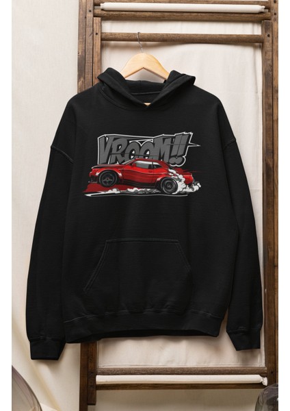 Unisex Vroom Dodgee Challenger Baskılı Kapüşonlu Sweatshirt, Oversize Araba Temalı Hoodie