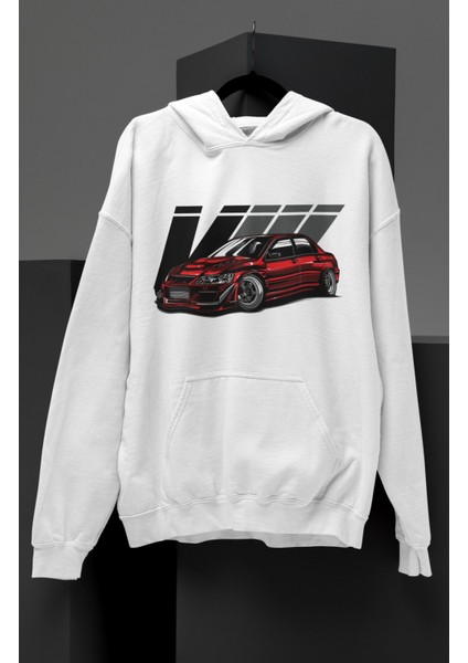 Unisex Vııı Baskılı Kapüşonlu Sweatshirt, Oversize Kırmızı Araba Temalı Hoodie