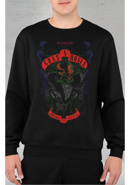 Unisex Not In This Lifetime Yazılı Kapüşonsuz Sweatshirt, Oversize Guns Roses Baskılı Sweat