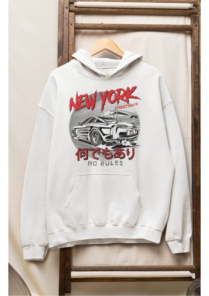 Unisex New York Street Face Baskılı Kapüşonlu Sweatshirt, Oversize Araba Temalı Hoodie