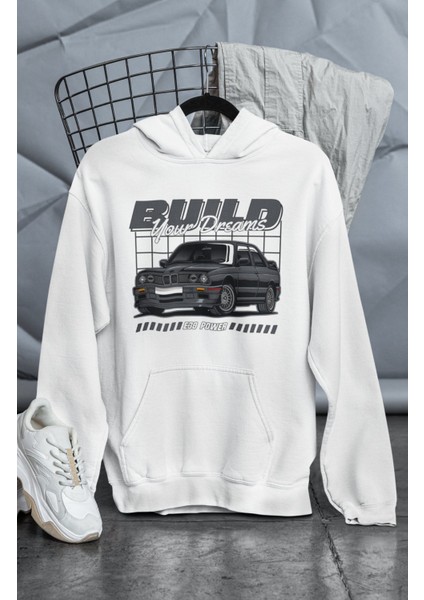 Unisex E30 Power Baskılı Kapüşonlu Sweatshirt, Oversize B M V Araba Temalı Hoodie