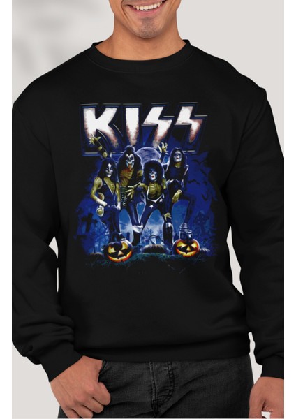 Unisex Kiss Yazılı Kapüşonsuz Sweatshirt, Oversize Rock Band Baskılı Sweat