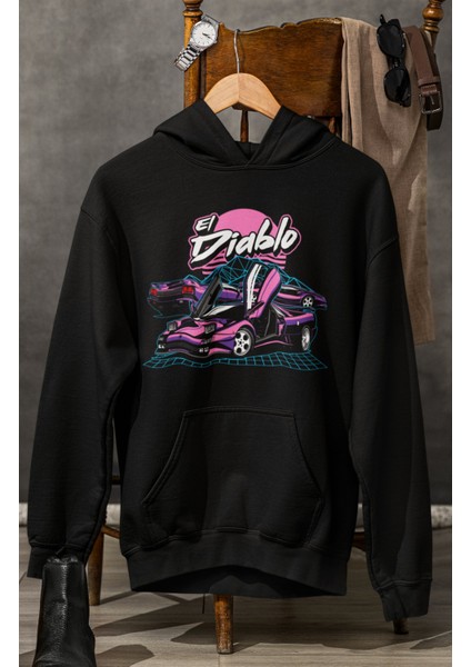 Unisex El Diablo Baskılı Kapüşonlu Sweatshirt, Oversize Araba Temalı Hoodie