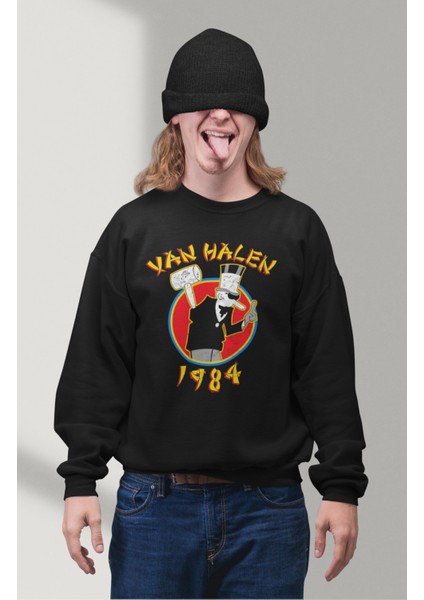Unisex Van Halen 1984 Yazılı Kapüşonsuz Sweatshirt, Oversize Rock Band Baskılı Sweat