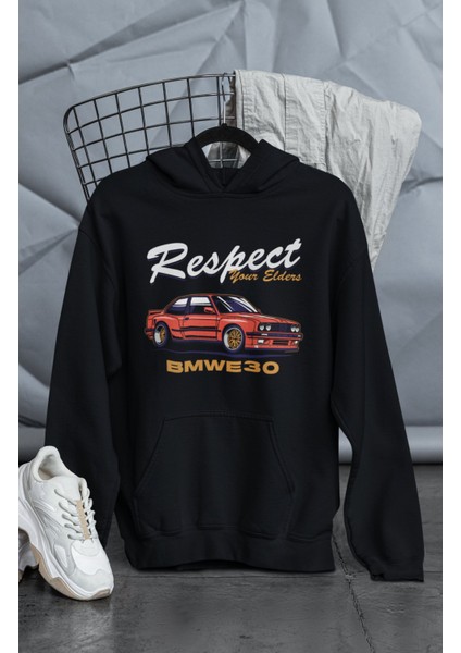 Unisex Respect Your Elders E30 Baskılı Kapüşonlu Sweatshirt, Oversize Araba Temalı Hoodie