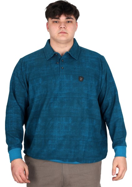 Mode Xl Büyük Beden Erkek Polo Yaka Sweatshirt Baskılı Selanik U24440 Turkuaz