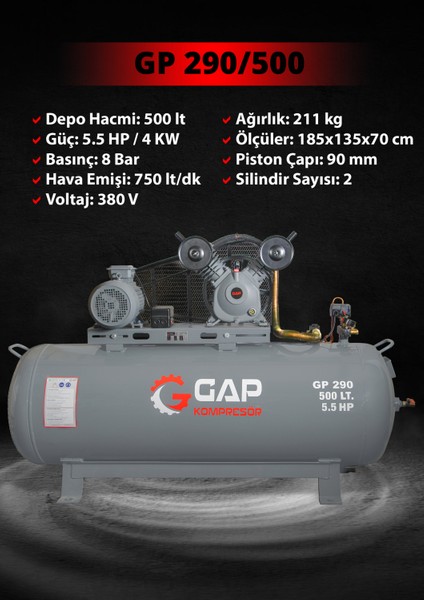 GAP GP 290/500 | 500 lt 2 Kafa 8 Bar 5.5 HP Pistonlu Hava Kompresörü