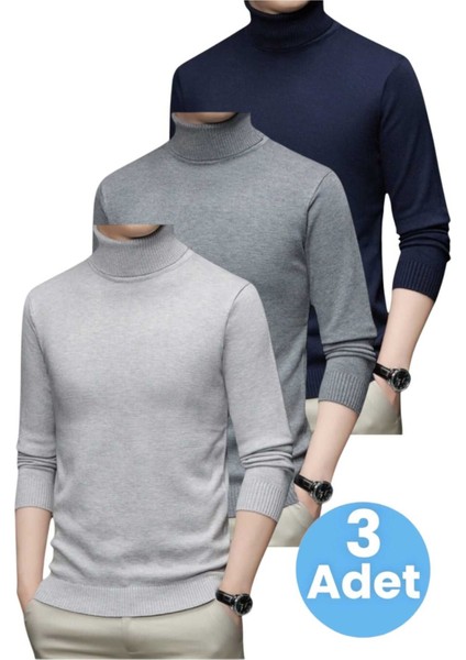 3'lü Erkek Tüylenmeyen Boğazlı Triko Kazak Balıkçı Triko Kazak