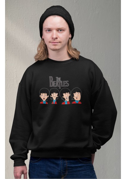 Unisex The Beatles Face Kapüşonsuz Sweatshirt, Oversize Legend Rock Band Baskılı Sweat