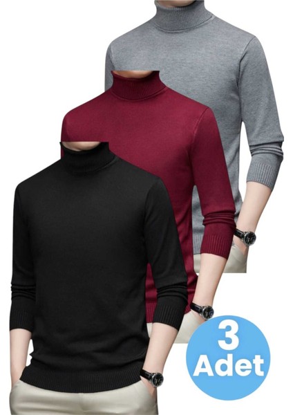 3'lü Erkek Tüylenmeyen Boğazlı Triko Kazak Balıkçı Triko Kazak