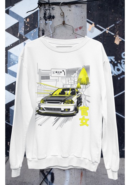 Civic Car Baskılı Kapüşonsuz Sweatshirt, Unisex Oversize Araba Temalı Sweat