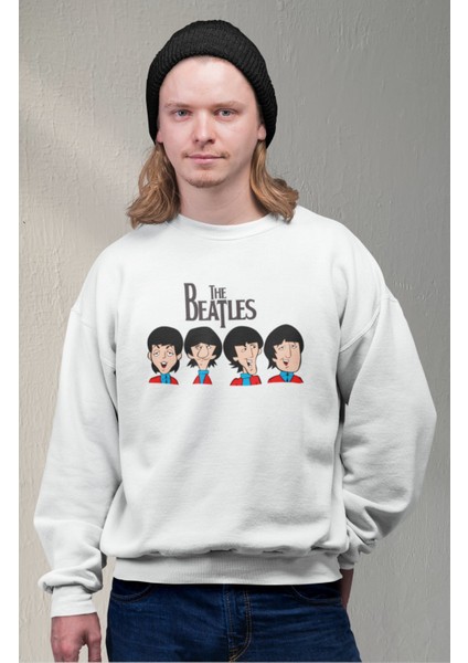 Unisex The Beatles Face Kapüşonsuz Sweatshirt, Oversize Legend Rock Band Baskılı Sweat