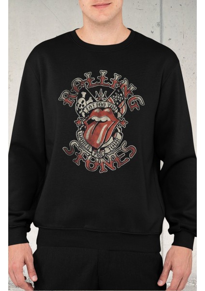 Unisex Rolling Stones Yazılı Kapüşonsuz Sweatshirt, Oversize Legend Rock Band Baskılı Sweat