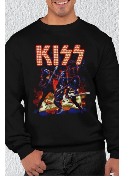 Unisex Kiss Konser Baskılı Kapüşonsuz Sweatshirt, Oversize Rock Band Baskılı Sweat