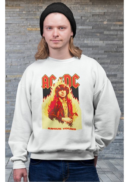 Unisex Angus Young Ac Dc Kapüşonsuz Sweatshirt, Oversize Rock Band Baskılı Sweat