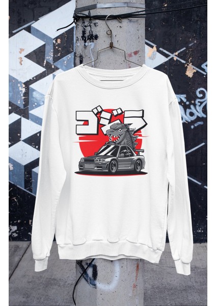 Godzilla Gtr R34 Kapüşonsuz Sweatshirt, Unisex Oversize Araba Temalı Sweat
