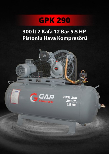 GAP GPK 290 | 300 lt 2 Kafa 12 Bar 5.5 HP Pistonlu Hava Kompresörü