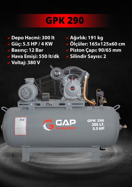 GAP GPK 290 | 300 lt 2 Kafa 12 Bar 5.5 HP Pistonlu Hava Kompresörü