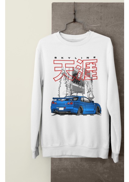 Skyline Gt-R R34 Baskılı Kapüşonsuz Sweatshirt, Unisex Oversize Araba Temalı Sweat