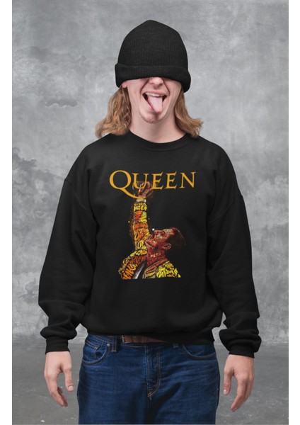 Unisex Queen Yazılı Kapüşonsuz Sweatshirt, Oversize Legend Rock Band Baskılı Sweat