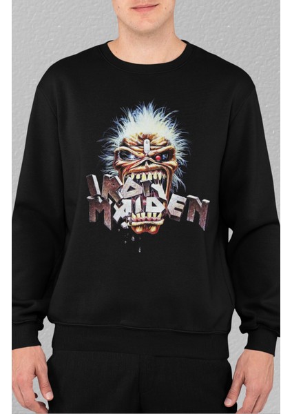 Unisex Iron Maiden Yazılı Kapüşonsuz Sweatshirt, Oversize Rock Band Baskılı Sweat